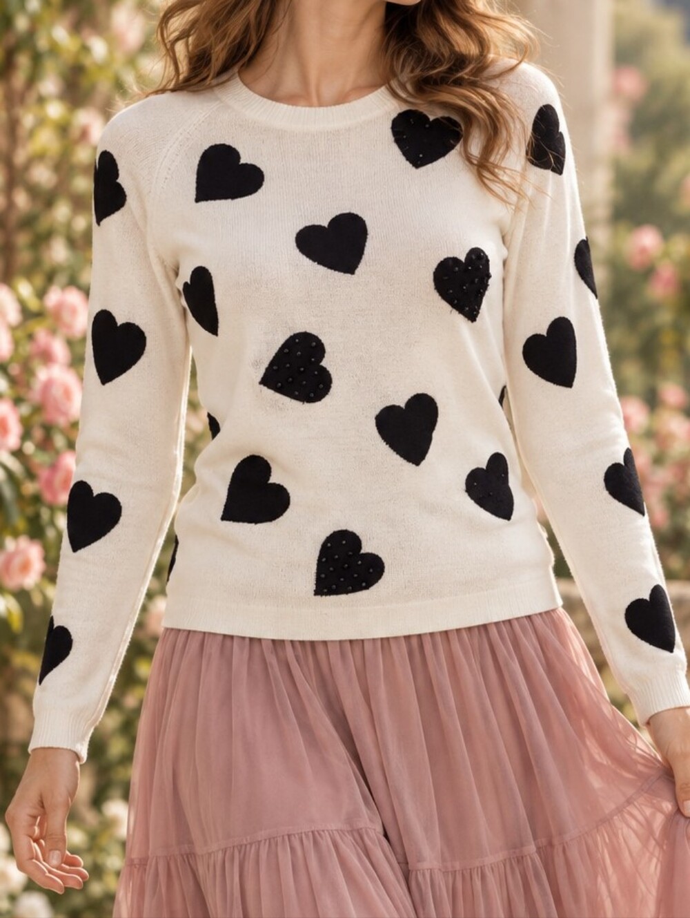 Cream Black Heart Sweater S Embellished Knit Whimsical Coquette Twee Romantic